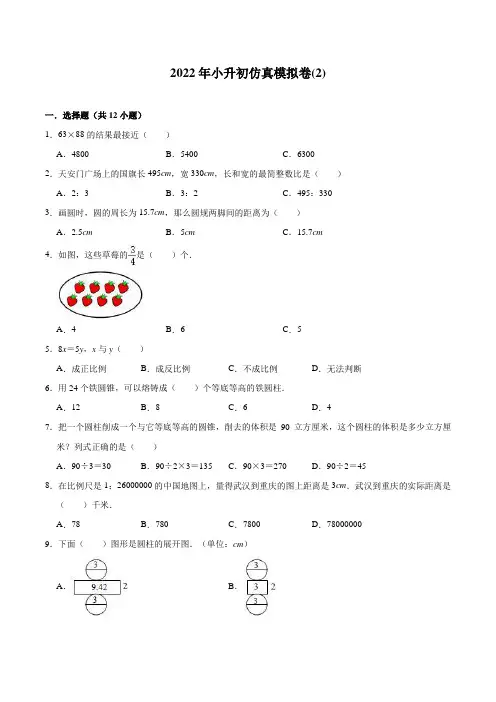 2022年小升初数学模拟试卷2含解析