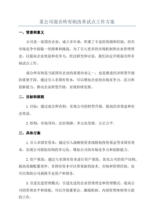 某公司混合所有制改革试点工作方案