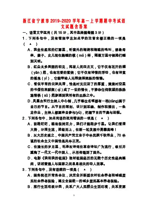 浙江省宁波市2019-2020学年高一上学期期中考试语文试题含答案