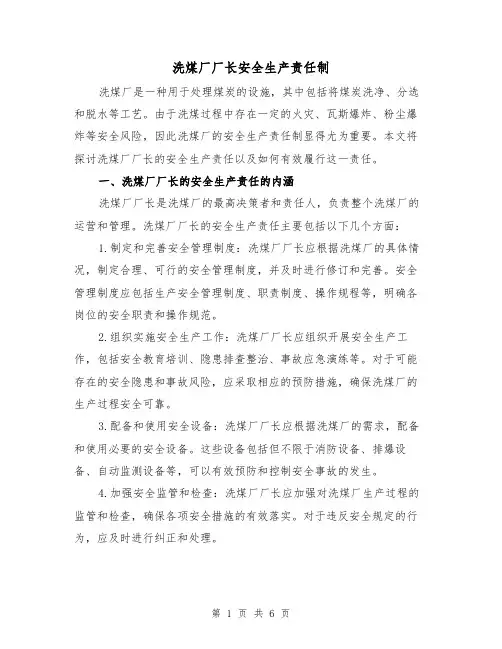 洗煤厂厂长安全生产责任制(二篇)