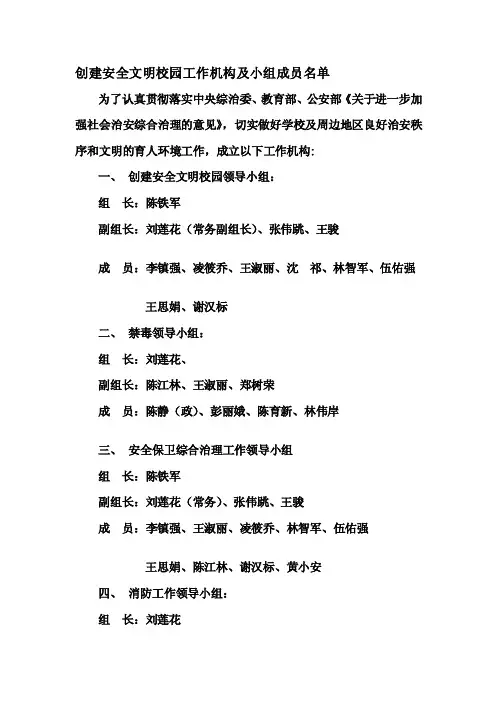 创建安全文明校园工作机构及小组成员名单