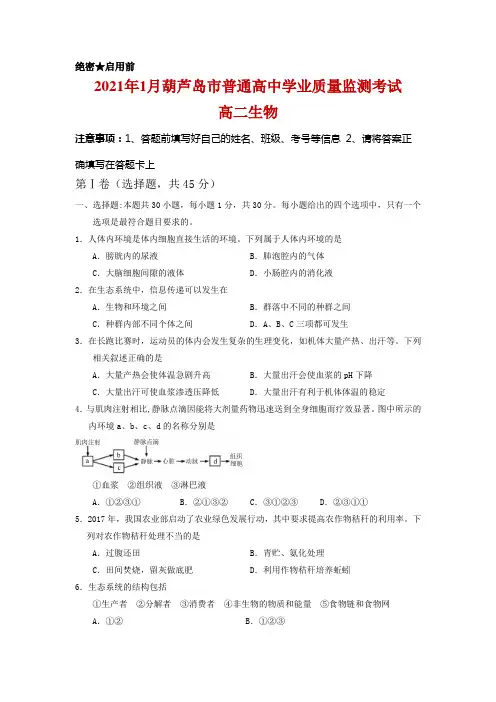 辽宁省葫芦岛市2020-2021学年高二上学期期末考试生物试卷及答案