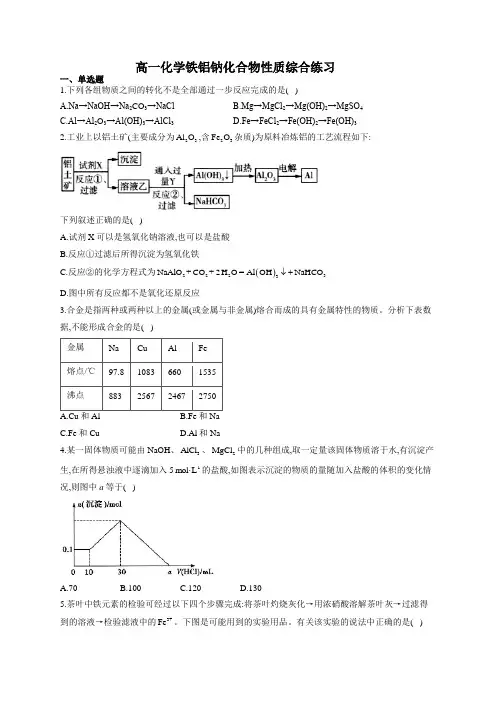 高一化学铁铝钠化合物性质综合练习(附答案)