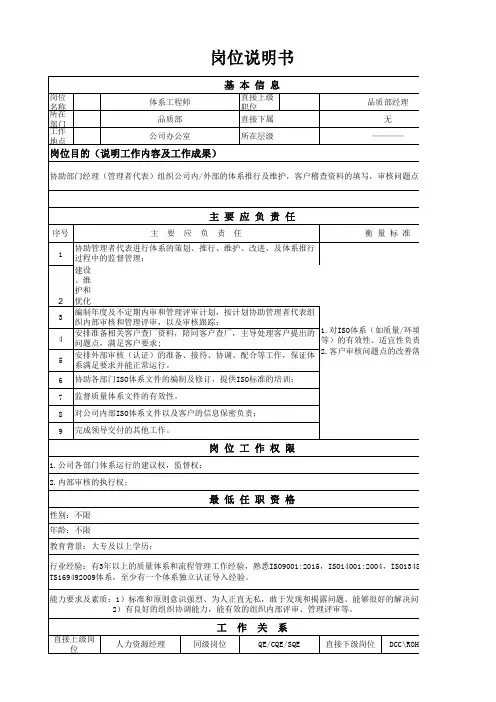 岗位说明书(体系工程师)
