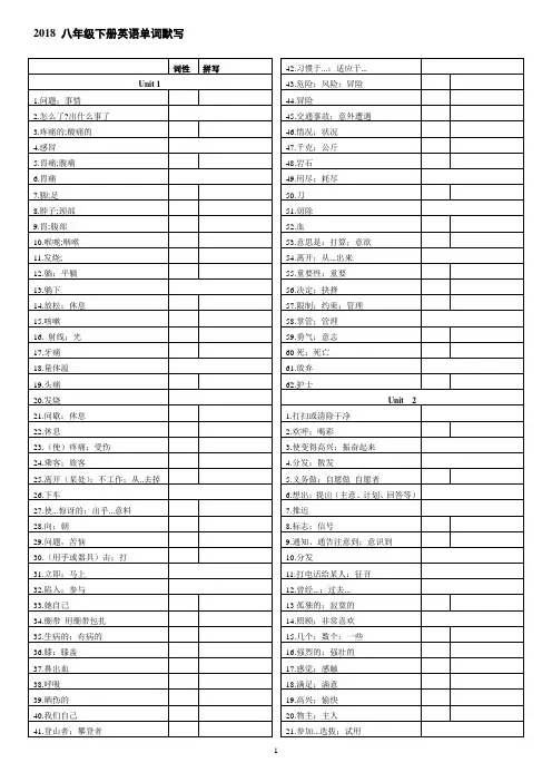 2018八年级下词汇默写_中文(含词性默写)