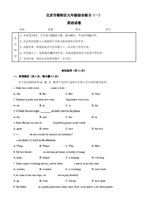 北京市朝阳区九年级一模英语试题