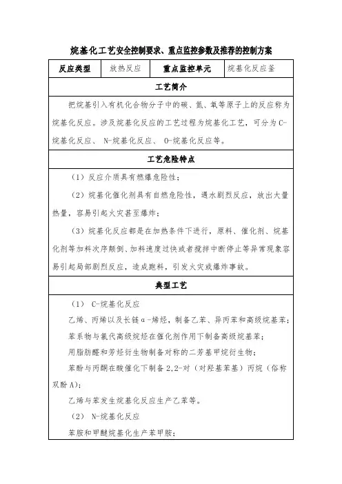 烷基化工艺安全控制要求、重点监控参数及推荐的控制方案