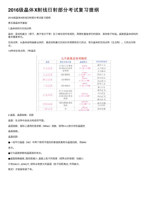 2016级晶体X射线衍射部分考试复习提纲