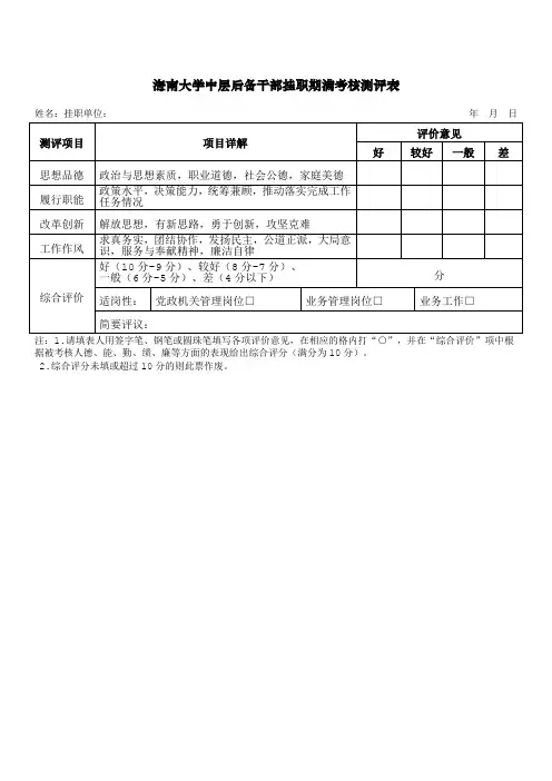 海南大学中层后备干部挂职期满考核测评表