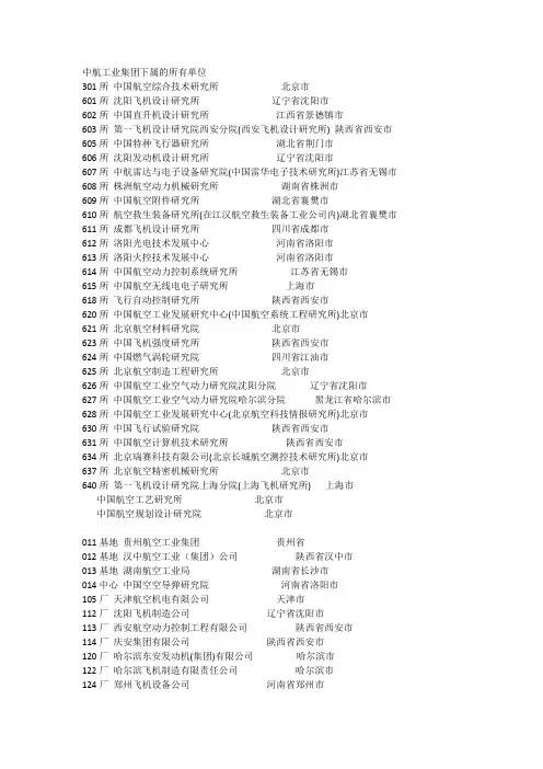 中航工业集团下属的所有单位