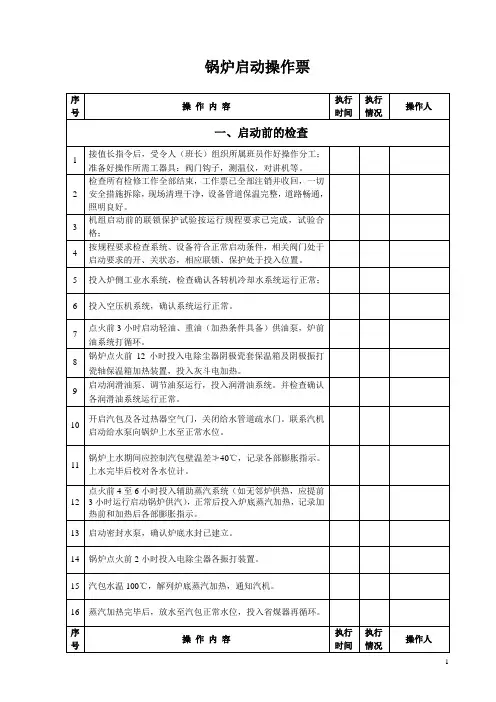 锅炉启动操作票