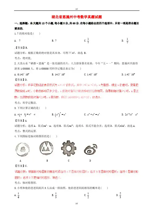 2020届湖北省恩施州中考数学模拟试题(含解析1)(加精)