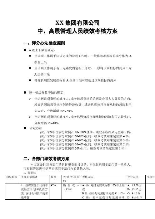 集团公司中、高层管理人员绩效考核方案