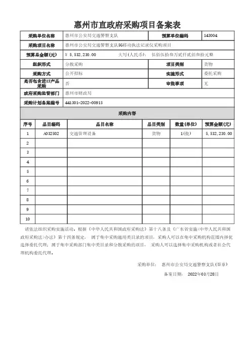 惠州市直政府采购项目备案表