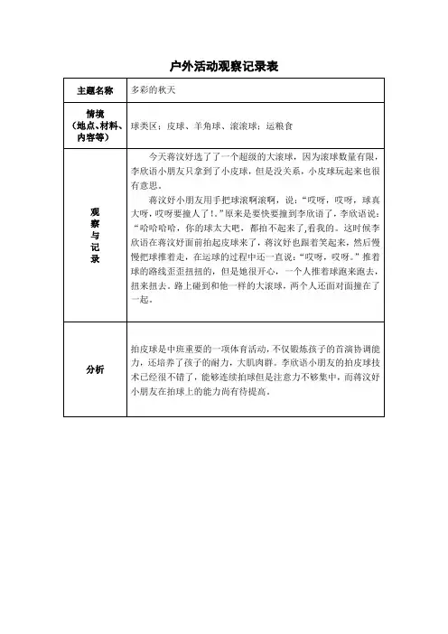 中班区域游戏户外观察记录表