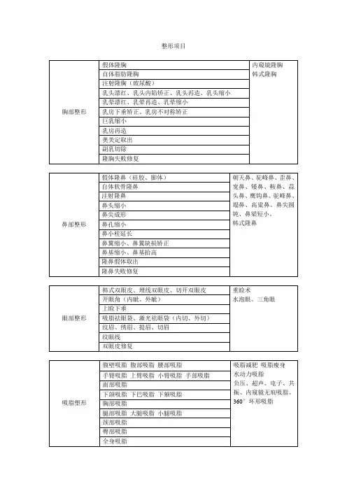 整形项目分类
