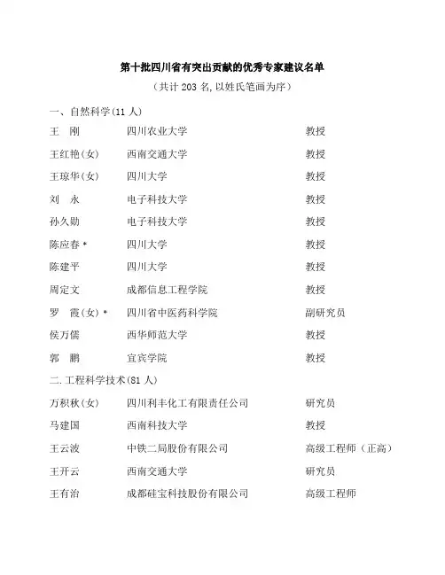 第十批四川省有突出贡献的优秀专家建议名单