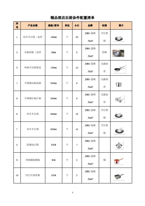 精品酒店后厨杂件配置清单