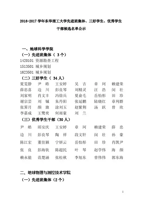 2017学年东华理工大学先进班集体、三好学生-学工处