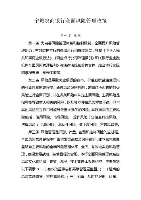 银行全面风险管理政策
