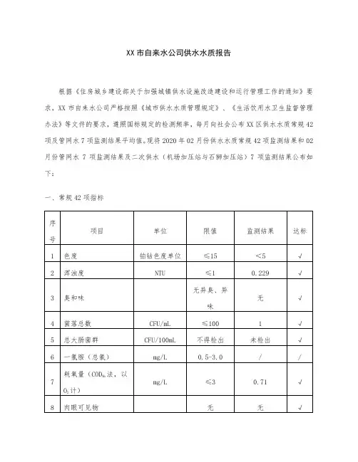 市自来水公司供水水质报告【模板】
