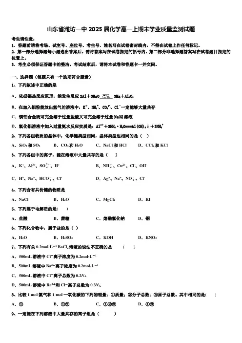 山东省潍坊一中2025届化学高一上期末学业质量监测试题含解析
