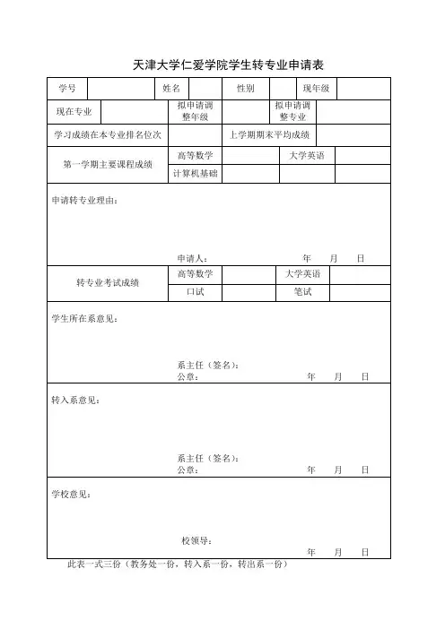 天津大学仁爱学院学生转专业申请表