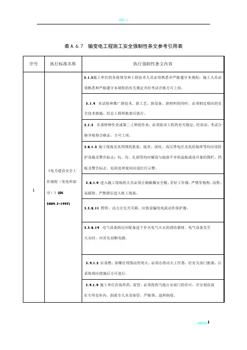 输变电工程施工安全强制性条文参考引用表