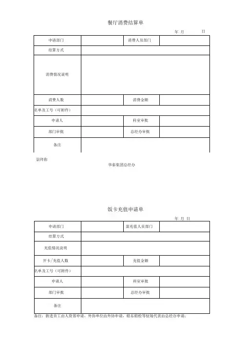 饭卡充值申请单