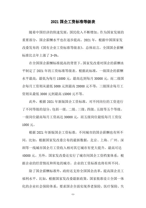 2021国企工资标准等级表