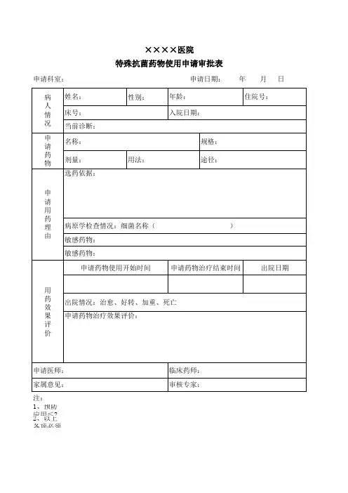 特殊抗菌药物使用申请审批表模板
