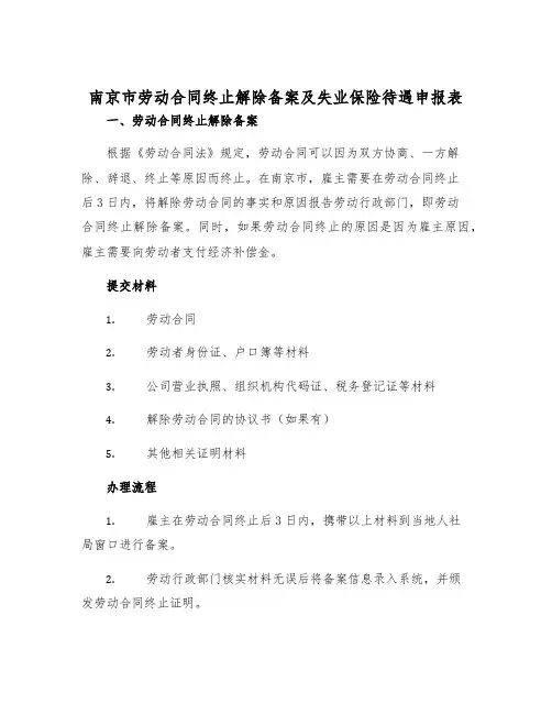 2025年南京市劳动合同终止解除备案及失业保险待遇申报表