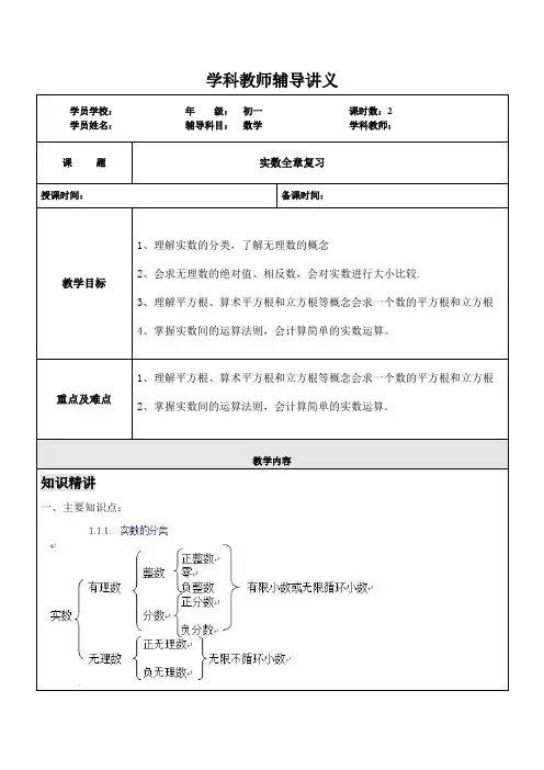 七年级下册数学讲义之实数单元复习-学生-春季班