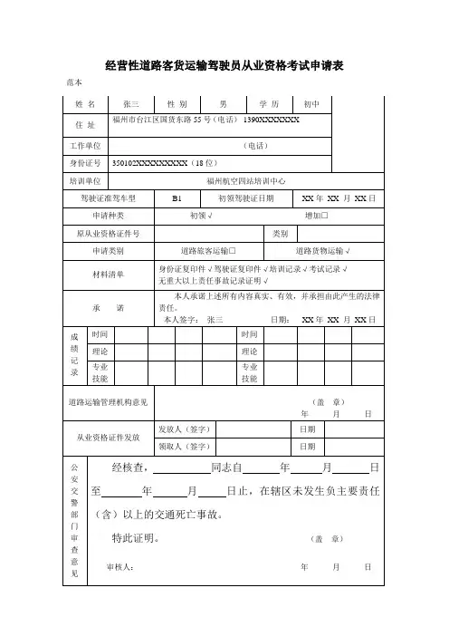 经营性道路客货运输驾驶员从业资格考试申请表.