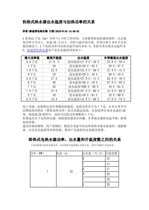 快热式热水器出水温度与加热功率的关系