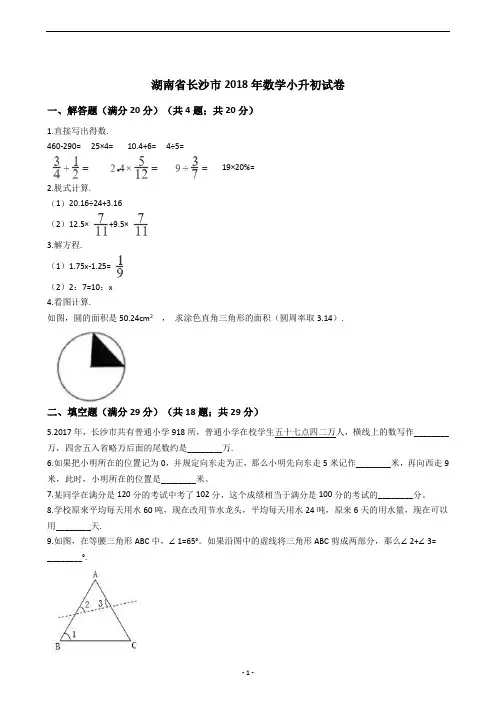 湖南省长沙市2018年数学小升初试卷