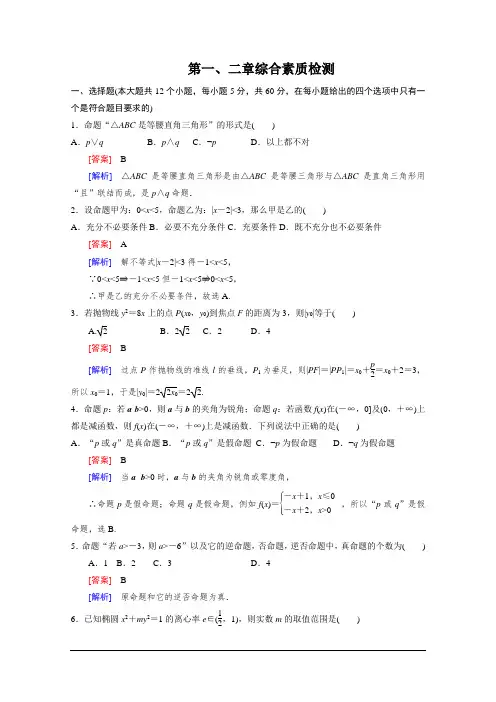 高二数学   人教版选修2-1习题 综合素质检测1、2 Word版含答案