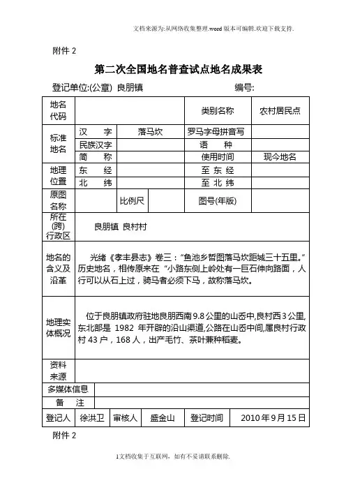 第二次全国地名普查试点地名成果表