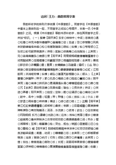 诗词│王力：曲韵常用字表