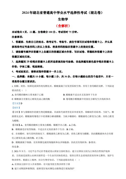 2024年高考真题生物(湖北卷)含解析