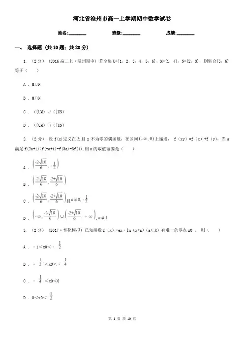 河北省沧州市高一上学期期中数学试卷