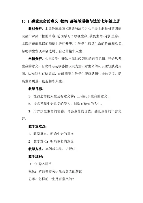 10.1 感受生命的意义 教案-2023-2024学年部编版道德与法治七年级上册