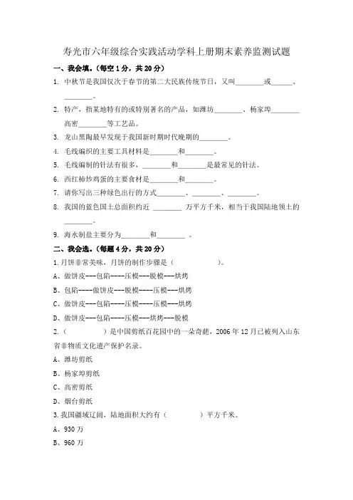 六年级综合实践活动学科上册期末素养监测试题