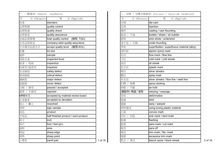 质量缺陷术语(English)