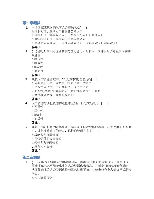 人力资源管理(山东科技大学)智慧树知到答案章节测试2023年