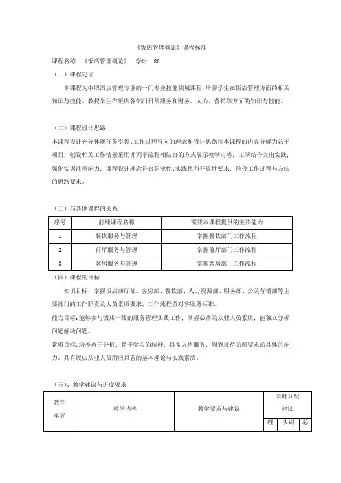 《饭店管理概论》课程标准
