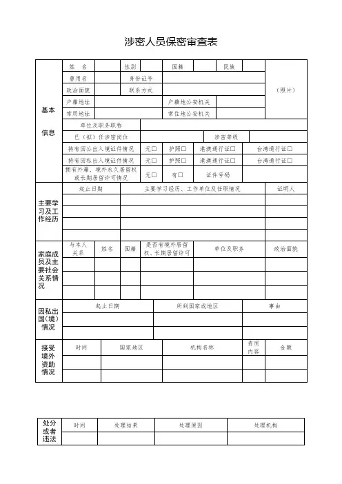 涉密人员保密审查表(标准版)