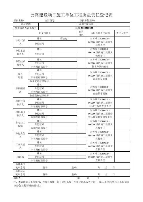 公路建设项目施工单位工程质量责任登记表