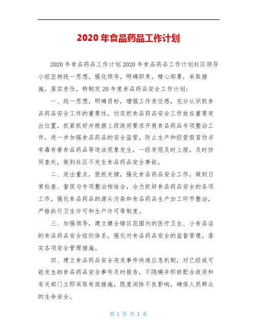 2020年食品药品工作计划