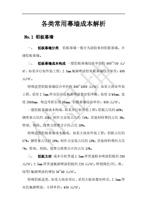 各类常用幕墙成本解析
